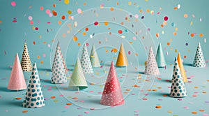 Group of Party Hats With Confetti and Streamers