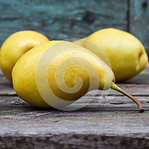 group of pear fruit from home garden on grunge wood background