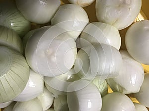 Group of peeled onions close up