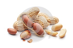 Group of peeled, unpeeled and opened shell peanuts