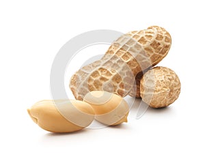 Group of peeled and unpeeled peanuts photo