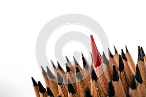 Group of pencils close up to red color pencil