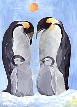 A group of penguins on the background of snow and winter sun. Use printed materials, signs, objects, websites, maps, posters, post