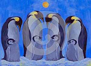 A group of penguins on the background of snow and winter sun. Use printed materials, signs, objects, websites, maps, posters, post