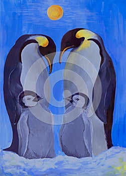 A group of penguins on the background of snow and winter sun. Use printed materials, signs, objects, websites, maps, posters, post