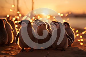 Group of penguins on the beach at sunset, in the evening - Ai Generated