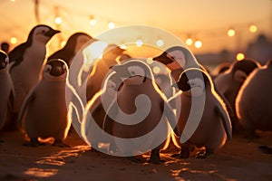 Group of penguins on the beach at sunset, in the evening - Ai Generated
