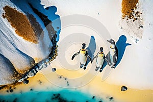 Group of penguins. Drone view. Generative AI.