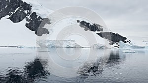 A group of penguins frolic in the water next to a huge high breakaway glacier in the southern ocean of the coast of
