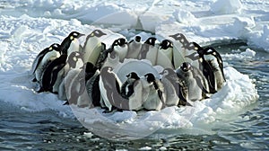 A group of penguins huddling together on a shrinking ice floe usual habitat gradually disappearing as ocean temperatures