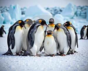 A group of penguins huddling together for warmth in the Antarctic snow