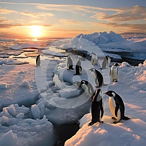 A group of penguins on ice