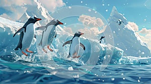 Group of Penguins Jumping Across Body of Water