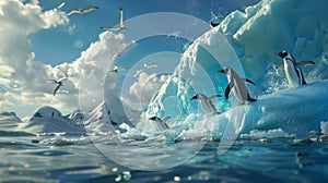 Group of Penguins Jumping and Swimming in the Ocean