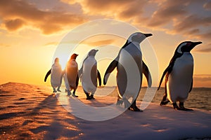 Penguins Marching at Sunset on a glazier