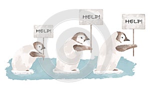 Group of penguins on a melting iceberg with help sign