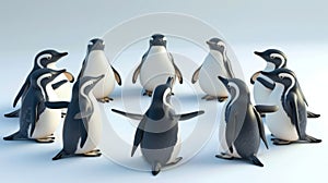 A group of penguins sitting in a circle each one with a different yoga pose trying to outdo each other in a silly photo