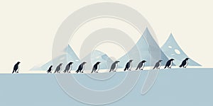 A group of penguins sliding down a smooth, minimalist slope, emphasizing their playful nature and love for icy