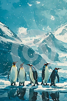 A group of penguins standing on top of an ice covered field. Generative AI
