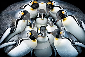 Group of penguins. Top view. Generative AI.