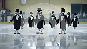 A group of penguins in tuxedos on an ice rink. Generative AI image.