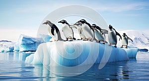 A group of penguins waddle on an iceberg in the background blue sky. Generative AI