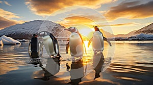 A group of penguins waddling on an icy shore.