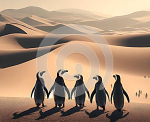 A group of penguins wandering lost in the desert, due to global warming