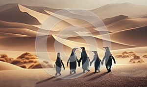 A group of penguins wandering lost in the desert, due to global warming