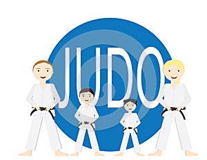 Group of people adults and kids standing infront a bif Blue circle with the word JUDU