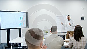 Group of people applauding to business trainer Arab man in conference room