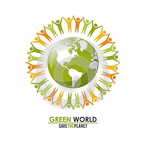 Group of people around the planet concept green world