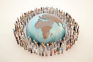 Group of people around planet Earth. Generative AI