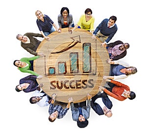 Group of People around Wooden Table with Success