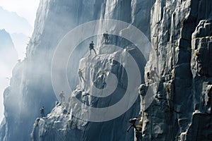 A group of people ascending together up the steep side of a tall mountain, Rock climbers scaling a high, steep mountain, AI