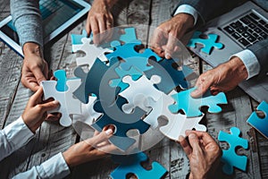 Group of people assembling large puzzle pieces on table.