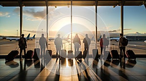 Group of people awaiting boarding in airport and looking outside at air field and sunset.