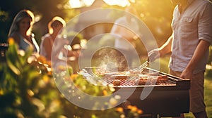 A group of people at a barbecue at sunset. Summer vacation. Grilled vegetables. Dinner on the grill. Tasty juicy meat