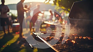 A group of people at a barbecue at sunset. Summer vacation. Grilled vegetables. Dinner on the grill. Tasty juicy meat