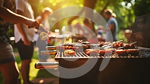 A group of people at a barbecue at sunset. Summer vacation. Grilled vegetables. Dinner on the grill. Tasty juicy meat