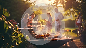 A group of people at a barbecue at sunset. Summer vacation. Grilled vegetables. Dinner on the grill. Tasty juicy meat