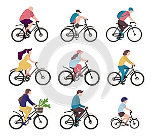 Group of people on bicycles. Male, female, kid persons riding different cycles.
