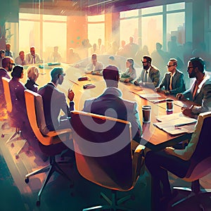 group of people in a boardroom, Business People Communication Office Meeting Room Concept illustration watercolor