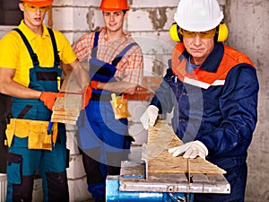 Group people builder with circular saw .