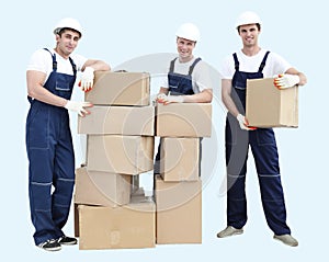 Group of people builders with boxes