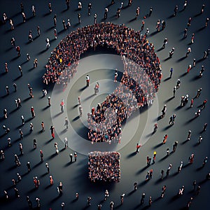 Group of people building a question mark, searching for answers, thoughts for solving a problem, having doubts