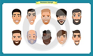 Group of people, business bearded men avatar icons.Flat design people characters.Business avatars set. Isolated vector on white.