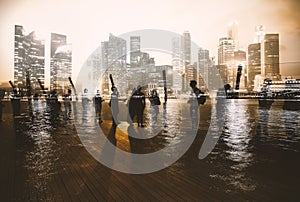 Group of people with business skyscraper building background.