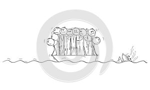 Group of People or Businessmen Standing Helplessly on Small Lifeboat, Ocean Ship is Sinking on Background. Vector photo