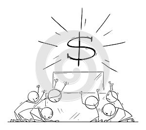 Group of People or Businessmen Worship or Invoke Money or Dollar Symbol as God.Vector Cartoon Stick Figure Illustration photo